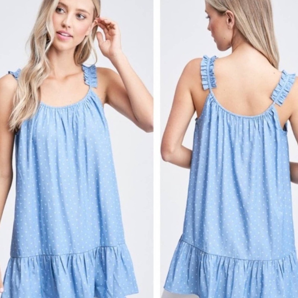 Baby Blue Polka Dot Tank Top with Angelina Ruffle Hem